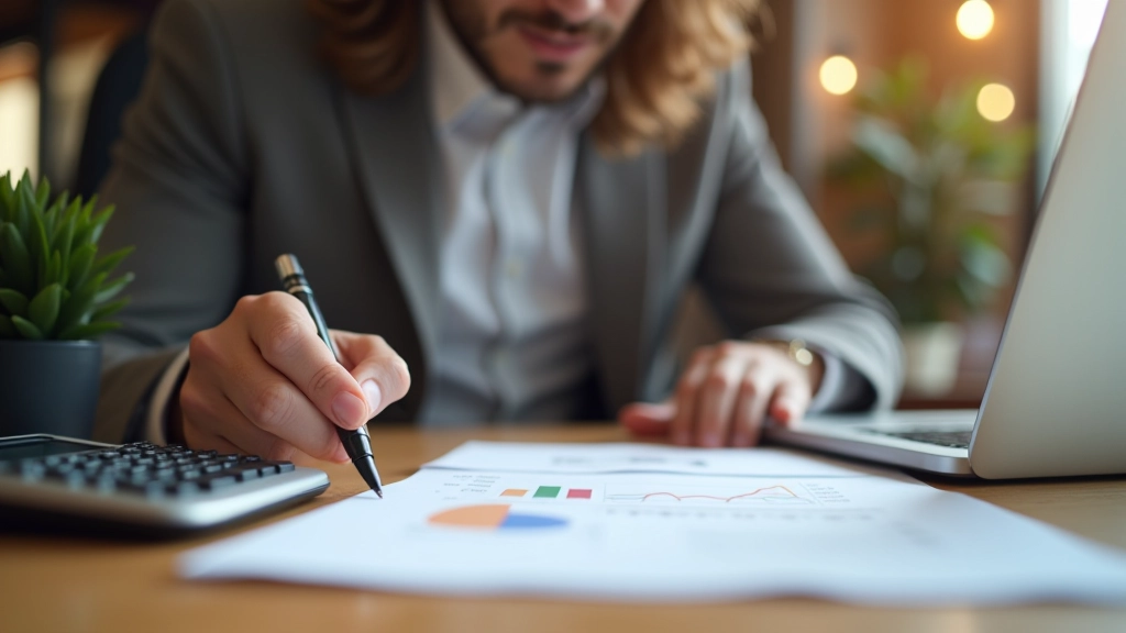 Accountant working at desk with calculator, spreadsheet, and financial documents