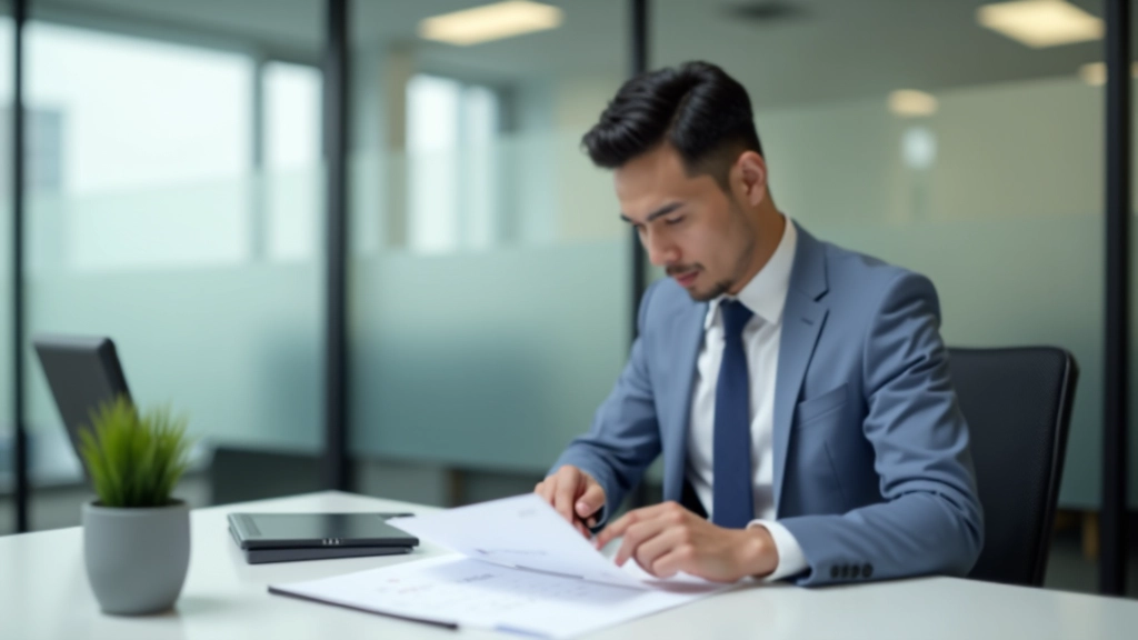 Accounting professional reviewing financial entries in a modern office setting with multiple monitors