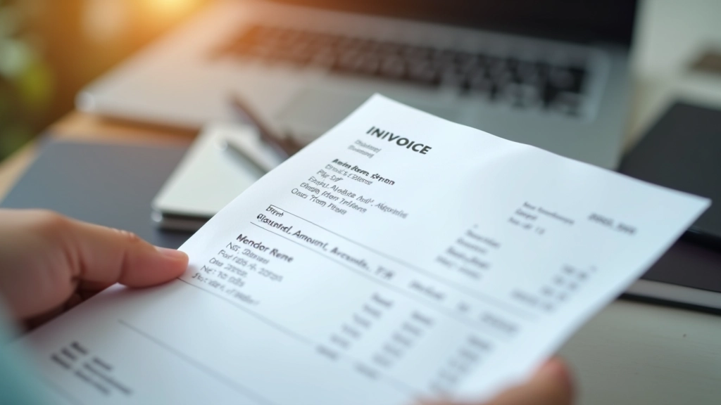 Close-up of business receipt showing date, vendor name, itemized purchases, and total amount highlighted for reference
