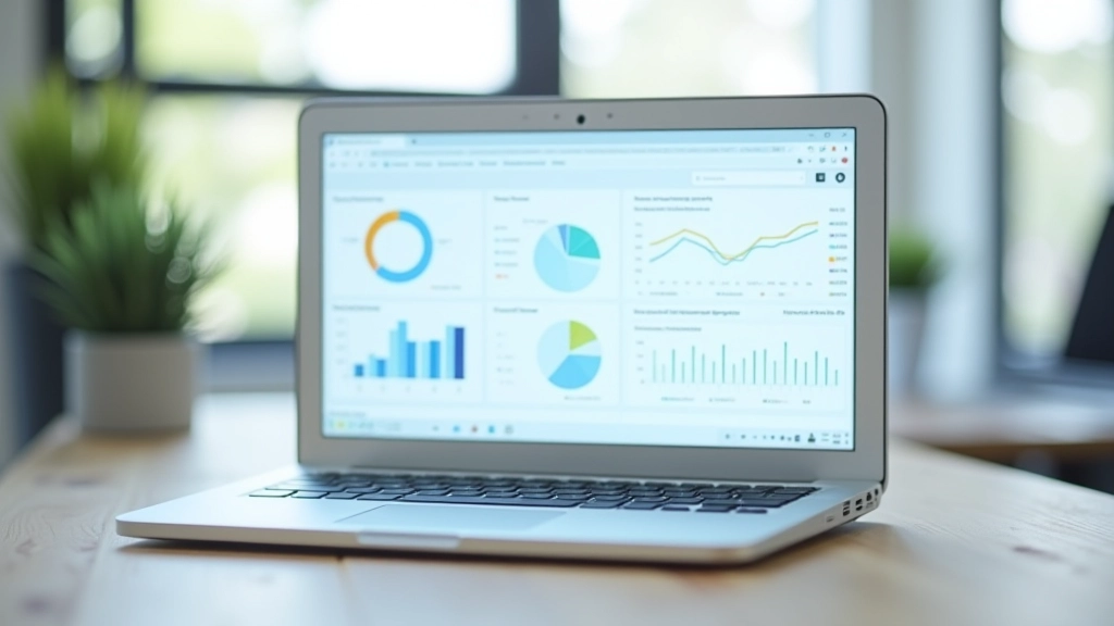 Laptop screen showing accounting software dashboard with charts and transaction data