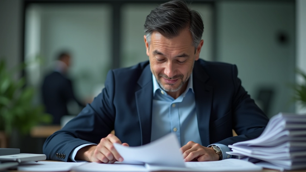 Professional workspace showing organized financial documents, calculator, and satisfied business owner reviewing well-maintained records