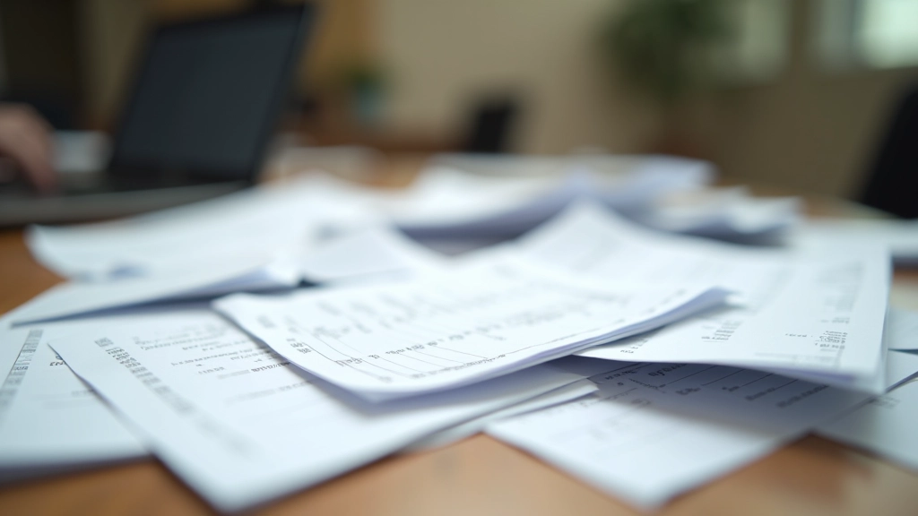 Scattered receipts and financial documents piled on a desk in disorganized stacks