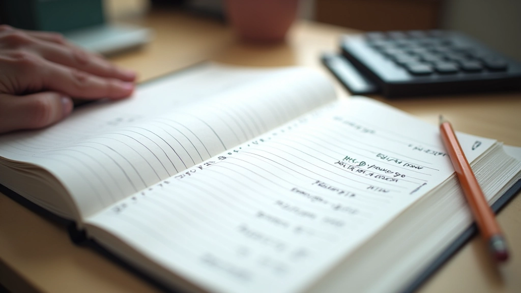 Open ledger book with handwritten entries and calculator on desk