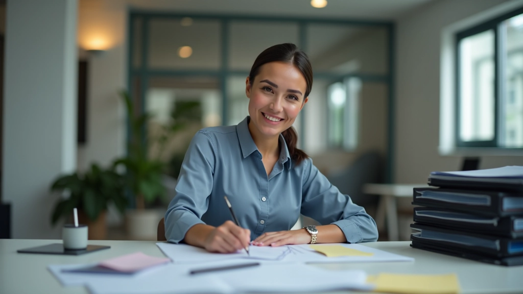 Organized business desk with filing system, calculator, and financial documents in systematic order