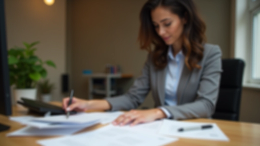 Person at desk organizing financial documents and receipts in labeled folders